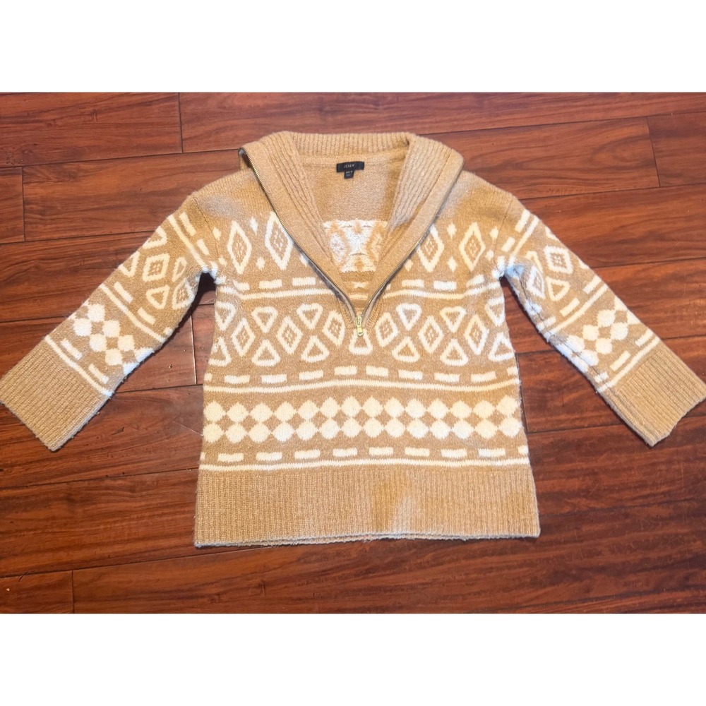 J.Crew Merino Alpaca Blend Half Zip Fair Isle Sweater Tan Cream XS /S